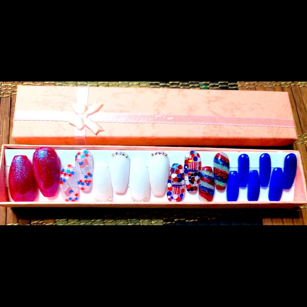 Acrylic glue or press on nails. Handcrafted